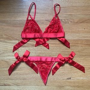 Adore Me Shiny Red Lace and Ribbon Bow Two Piece Lingerie Set. Size XSmall.